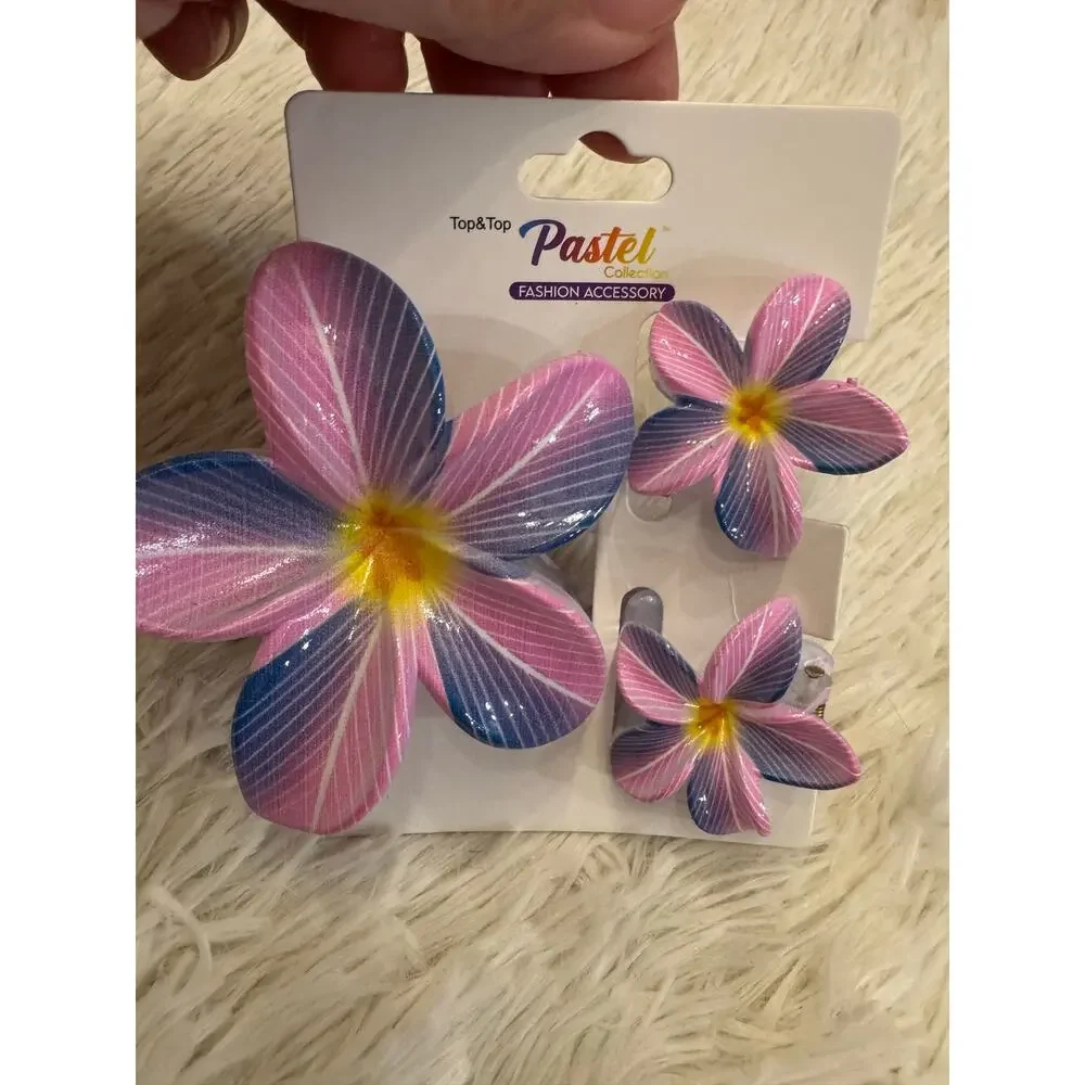 Hawaiian flower purple hair clip claw set of 3 one large 2 medium